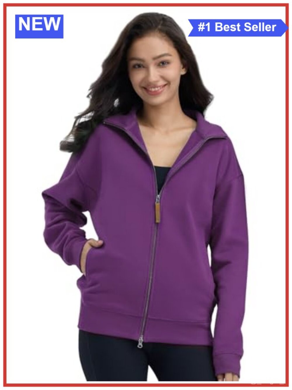 Two-Way Zip Up Sweatshirt Stand Collar Fleece Jacket Cotton Blend